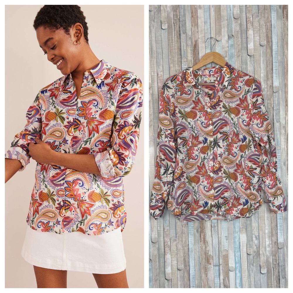 Boden 8 Linen Paisley Pineapple Print Button Down Shirt Top Tropical Colorful